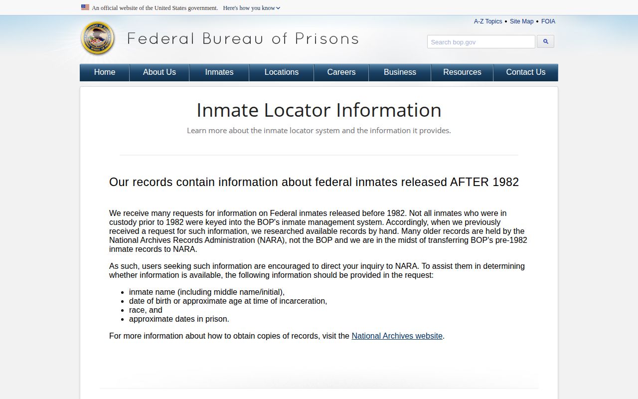 Federal Bureau of Prisons inmate locator records scope information