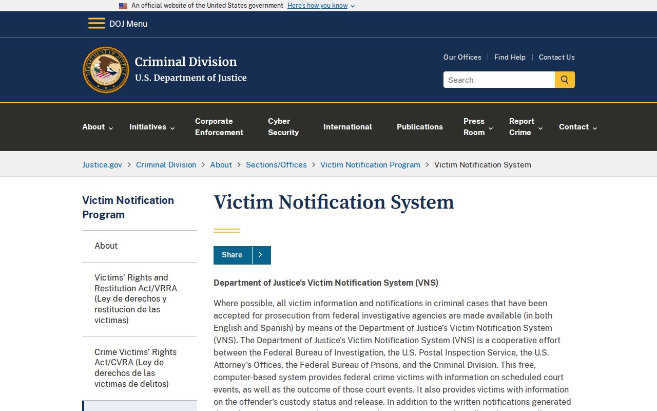 Department of Justice Victim Notification System information