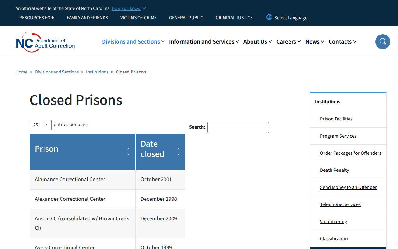 NC DAC closed-prisons page documenting Odom Correctional Institution
